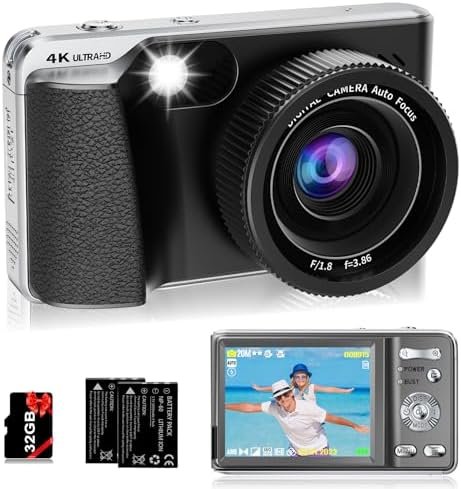 4K Digital Camera for Photography Autofocus,Macro Digital Camera for Kids with SD Card,48MP Vlogging Camera for YouTube,Compact Digital Camera with 18X Digital Zoom, Flash, Anti-Shake, 2 Batteries