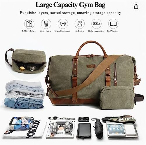TRITOUR Duffle Bag for Men Travel Leather Canvas Weekender Bag Overnight Bag with Toiletry Bag - Image 3