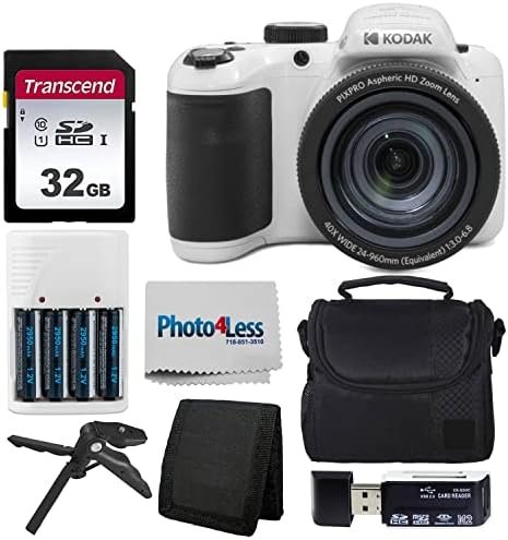 Kodak PIXPRO AZ405 Digital Camera (White) Bundle with Case, 32 GB SD Memory Card, Memory Card Wallet, Card Reader, Table Tripod, 4 AA Batteries & White Charger and Cloth