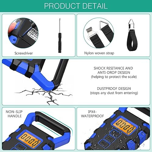 ORIA Digital Fishing Scale with Gripper, (Newest) Portable Hanging Hook Fish Meat Scale, 110lb/50kg Weight Max Waterproof Luggage Scale with Luggage Hook, Backlit LCD Display, Lb/Oz/Kg Mode, Blue - Image 4