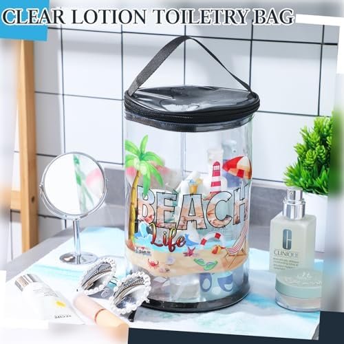Sanwuta Beach Theme Clear Lotion Toiletry Bag Travel Makeup Case Waterproof PVC Cosmetic Bag with Handle Zipper Portable Survival Organizer Pouch for Women Pool Gift Birthday Summer Party - Image 5