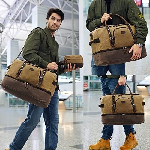 Nerlion Weekender Bag with Shoe Compartment Large Overnight Bag for Men Canvas Genuine Leather Carry on Luggage Bag Travel Duffel Bag(Brown) - Image 2