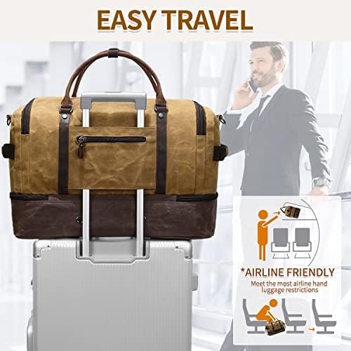 Nerlion Weekender Bag with Shoe Compartment Large Overnight Bag for Men Canvas Genuine Leather Carry on Luggage Bag Travel Duffel Bag(Brown) - Image 3