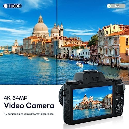 Digital Camera, 4k Cameras for Photography, 64MP WiFi Vlogging Camera for YouTube with Dual Camera, Touch Screen, Flash, 32GB SD Card, Lens Hood, 3000mAH Battery-Black1 - Image 4