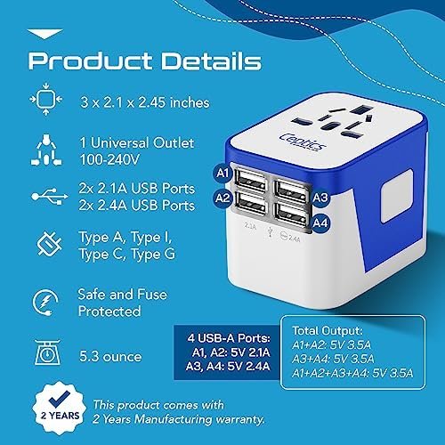 Ceptics Universal Travel Adapter Plug World Power W/ 4 USB Ports - Charge Cell Phones, Smart Watches, iPhones - For International Europe, China, UK, UAE, Australia - Type A, C, G, I - Image 7