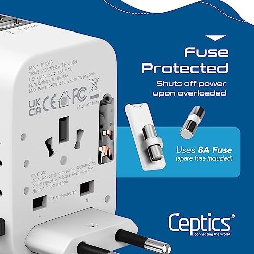 Ceptics Universal Travel Adapter Plug World Power W/ 4 USB Ports - Charge Cell Phones, Smart Watches, iPhones - For International Europe, China, UK, UAE, Australia - Type A, C, G, I - Image 4