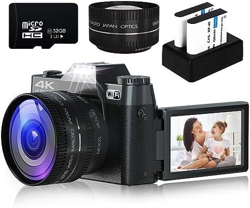 Digital Camera for Photography, 4K 48MP Vlogging Camera for YouTube with WiFi, 3-inch 180-degree Flip Screen, 16X Digital Zoom, 52mm Wide Angle & Macro Lens, 32GB TF Card and 2 Batteries(Purple)