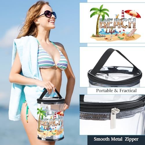 Sanwuta Beach Theme Clear Lotion Toiletry Bag Travel Makeup Case Waterproof PVC Cosmetic Bag with Handle Zipper Portable Survival Organizer Pouch for Women Pool Gift Birthday Summer Party - Image 2
