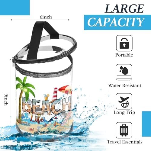 Sanwuta Beach Theme Clear Lotion Toiletry Bag Travel Makeup Case Waterproof PVC Cosmetic Bag with Handle Zipper Portable Survival Organizer Pouch for Women Pool Gift Birthday Summer Party - Image 3
