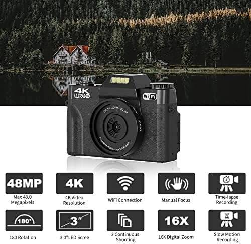 Digital Camera for Photography, 4K 48MP Vlogging Camera for YouTube with WiFi, 3-inch 180-degree Flip Screen, 16X Digital Zoom, 52mm Wide Angle & Macro Lens, 32GB TF Card and 2 Batteries(Purple) - Image 6