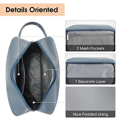Narwey Vegan Leather Travel Toiletry Bag for Women Traveling Dopp Kit Makeup Bag Organizer for Toiletries Accessories Cosmetics (P-Greyish Blue) - Image 5