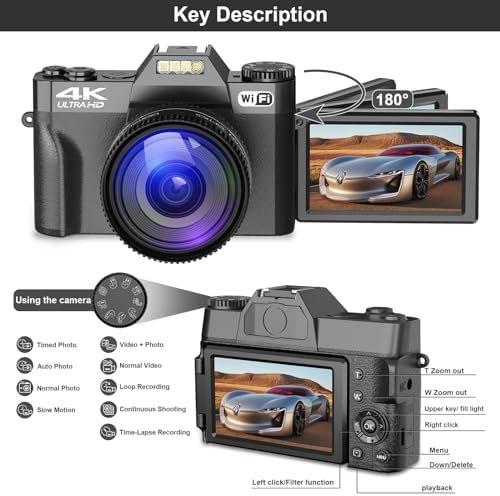 Digital Camera for Photography, 4K 48MP Vlogging Camera for YouTube with WiFi, 3-inch 180-degree Flip Screen, 16X Digital Zoom, 52mm Wide Angle & Macro Lens, 32GB TF Card and 2 Batteries(Purple) - Image 2