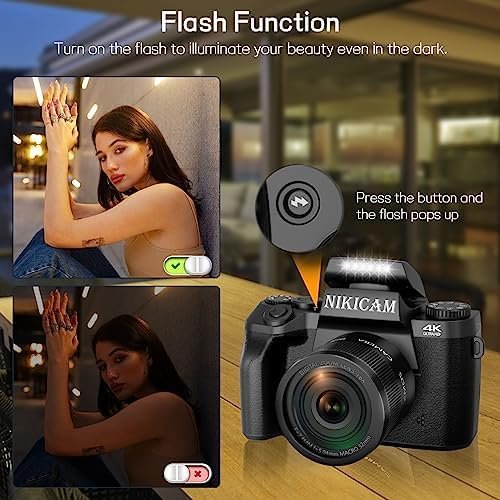 Digital Camera, 4k Cameras for Photography, 64MP WiFi Vlogging Camera for YouTube with Dual Camera, Touch Screen, Flash, 32GB SD Card, Lens Hood, 3000mAH Battery-Black1 - Image 6
