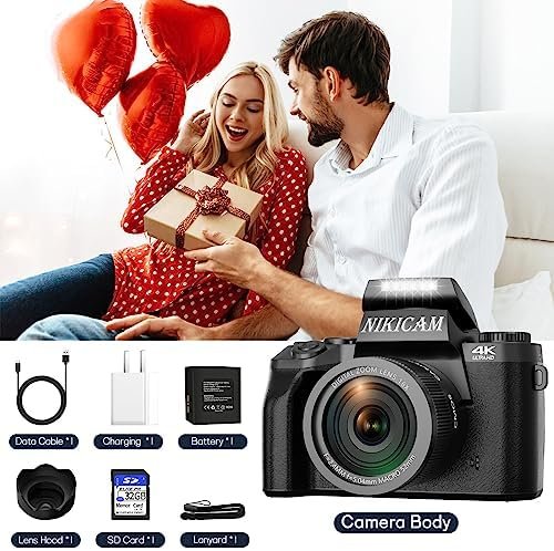 Digital Camera, 4k Cameras for Photography, 64MP WiFi Vlogging Camera for YouTube with Dual Camera, Touch Screen, Flash, 32GB SD Card, Lens Hood, 3000mAH Battery-Black1 - Image 2