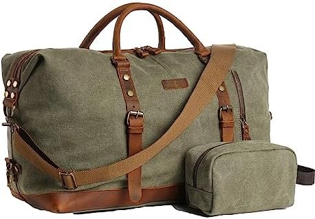 TRITOUR Duffle Bag for Men Travel Leather Canvas Weekender Bag Overnight Bag with Toiletry Bag