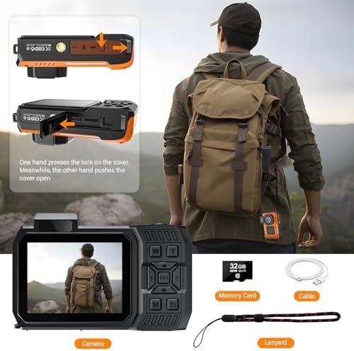 6K25FPS 64MP Digital Camera Rugged Waterproof Dustproof Shockproof, with 32GB Card Dual-Screen Selfie 16FT Underwater Camera for Snorkeling Autofocus Point and Shoot Digital Camera (Orange) - Image 7