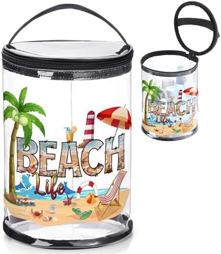 Sanwuta Beach Theme Clear Lotion Toiletry Bag Travel Makeup Case Waterproof PVC Cosmetic Bag with Handle Zipper Portable Survival Organizer Pouch for Women Pool Gift Birthday Summer Party