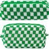 ZLFSRQ 2Pcs Checkered Makeup Bag for Women Travel Medium Small Cosmetic Bag Set Cute Makeup Pouch Purse Zippered Toiletry Bag Organizer Preppy Y2K Trendy Aesthetic Makeup Brushes Storage Bag(Green)