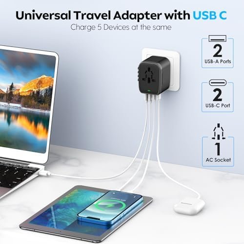 JMFONE Universal Travel Adapter, International Power Plug Adapter with USB-C & USB-A Ports and Multi AC Sockets, All-in-One Worldwide Travel Outlet Charger Adapter for EU US UK AU 200+ Countries - Image 2