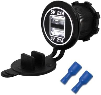 Dual USB Charger Socket, Waterproof 2.1A & 2.1A Fast Charge Dual Port Outlet, USB Cigarette Lighter Socket with Lid, Universal Fit for 12V/ 24V Car Boat RV ATV Bus Truck (White)