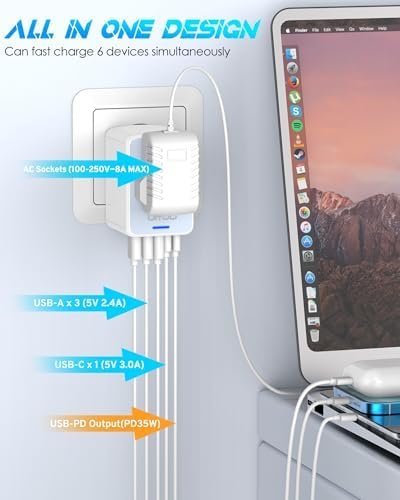 Universal Travel Adapter 35W PD Fast Charging Offers 3X2.4A USB-A Ports, 2X USB-C Ports and Multi AC Outlet, International Plug Converter Worldwide Travel Charger All in One for EU US UK AUS - Image 4