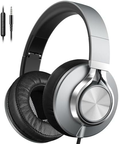 AILIHEN Headphones Wired with Microphone & Volume Control, Over-Ear Foldable Noise Isolation Headsets 3.5mm for Teens Adult (Grey)