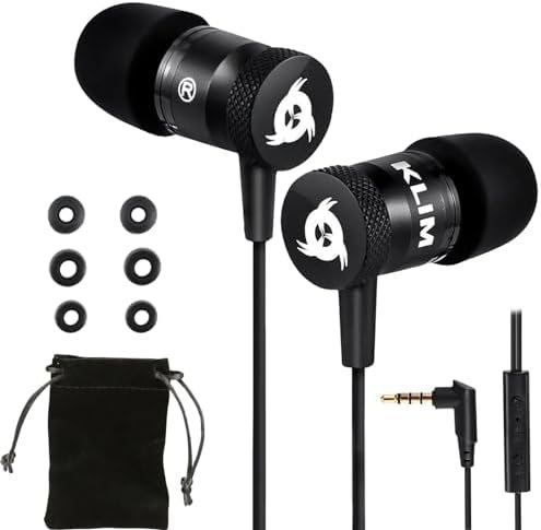 KLIM Fusion Earbuds with Microphone + Long-Lasting Wired Ear Buds + 5 Years Warranty - Innovative: in-Ear with Memory Foam + Earphones with Mic and 3.5 mm Jack - New Version 2024 - Black