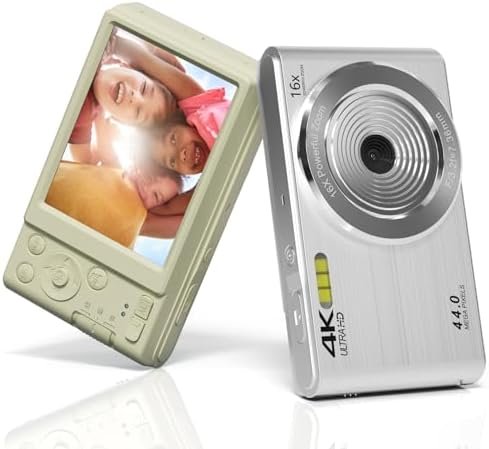 Digital Camera FHD 4K 44MP with 64GB SD Card 16X Digital Zoom 2024 Digital Cameras FHD 1080P Cheap Compact Portable Small Vintage Camera Children's Day Gifts for Teens Boys Girls (Cream&Silver)