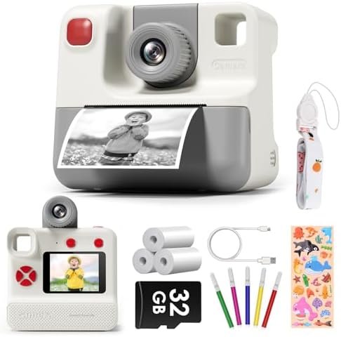 Kids Camera Instant Print, Christmas Birthday Gifts for Toddle Girls Boys Age 3-12, 20MP & 1080P Selfie Digital Camera with 3 Roll No-Ink Print Paper 32G SD Card - White