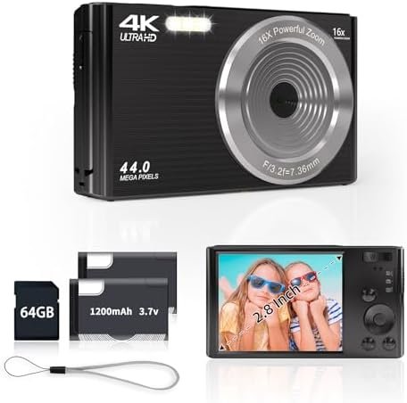 Digital Camera for Teens, FHD 4K 44MP Digital Camera with 64GB SD Card 16X Digital Zoom, Digital Camera Compact Point and Shoot Camera for Teens Boys Kids Camera Digital Black(Black)