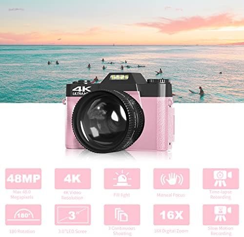 Digital Cameras for Photoggraphy, 4K Vlogging Camera for YouTube with Built-in Fill Light, 16X Digital Zoom, Manual Focus, 52mm Wide Angle Lens & Macro Lens, 32GB TF Card and 2 Batteries Pink - Image 3