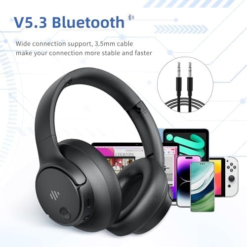 Active Noise Cancelling Headphones,Wireless Over-Ear Bluetooth Headphones with Microphone, Transparency Mode, 70h Play Time, Hi-Res Audio,(Deep Bass,) Lightweight Design, Bluetooth 5.3-Black - Image 3