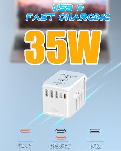 Universal Travel Adapter 35W PD Fast Charging Offers 3X2.4A USB-A Ports, 2X USB-C Ports and Multi AC Outlet, International Plug Converter Worldwide Travel Charger All in One for EU US UK AUS - Image 2