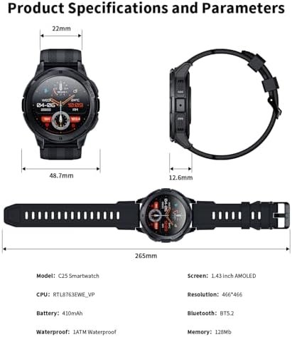 Smart Watches for Men, 1.43" HD AMOLED, 10M Waterproof, Rugged Military (Answer/Calls/Dial) Fitness Tracker, Extra-Long Battery Life, AI Assistant/Sleep Monitor, 100+ Sport Modes, Black - Image 9