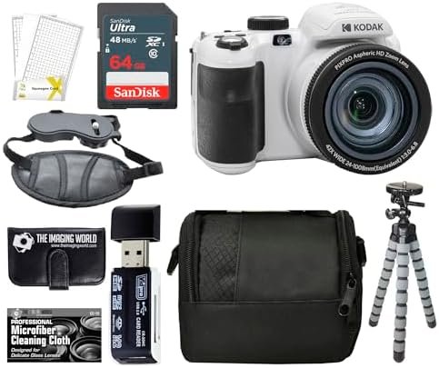 Kodak PIXPRO AZ425 20MP Digital Camera 42X Optical Zoom 24mm Wide Angle Lens 1080P Full HD Video Optical Image Stabilization 3" LCD Vlogging Camera (White) + 64GB Card + Case + Tripod + Bundle