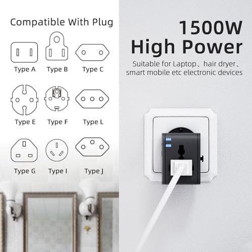 Universal Travel Adapter, International Power Plug Adapter, 1500W, 1000MA, with 2 USB-A Ports, All-in-One International Charger for USA EU UK AUS (NW606-1, Black) - Image 4