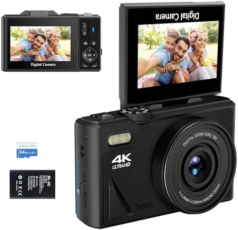 64MP Digital Camera for Photography and Video: 4K Vlogging Camera for YouTube with 3’’ Flip Screen,16X Digital Zoom, 32GB TF Card(Black)