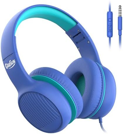 gorsun Premium A66 Kids Headphones with 85dB/94dB Volume Limited, in-line HD Mic, Audio Sharing, Foldable Toddler Headphones, Adjustable, Children Headphones Over-Ear for School Travel, Blue