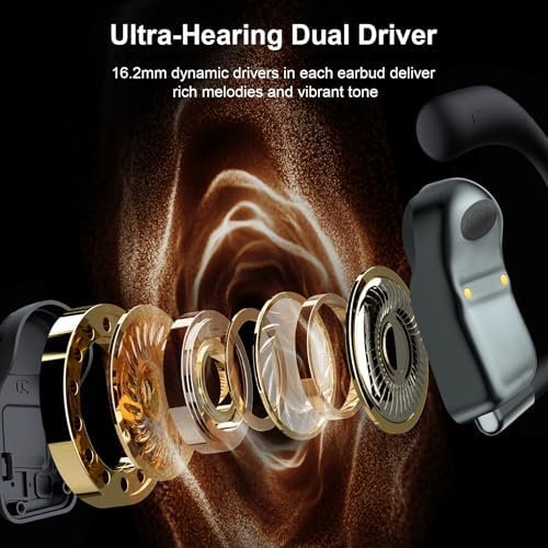 Ear Buds Wireless Earbuds 80Hrs Playtime Open Ear Bluetooth Headphones with Earhook Over Ear Electroplated Earphones with Zipper & Lanyard Case Design Stereo Sound with 16.2mm Drivers for Sport Black - Image 4