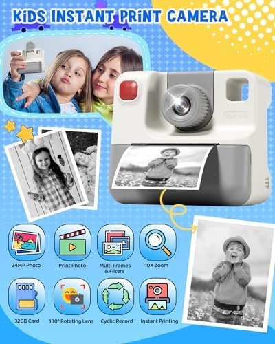 Kids Camera Instant Print, Christmas Birthday Gifts for Toddle Girls Boys Age 3-12, 20MP & 1080P Selfie Digital Camera with 3 Roll No-Ink Print Paper 32G SD Card - White - Image 2