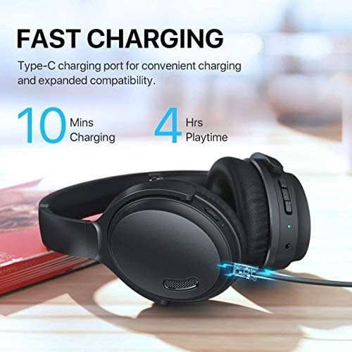 HROEENOI Active Noise Cancelling Headphones, JZ02 Bluetooth Headphones, Wireless Over Ear Headphones with CVC 8.0 Microphone Deep Bass Headset, 40 Hours Playtime for Travel Work TV Phone - Black - Image 4
