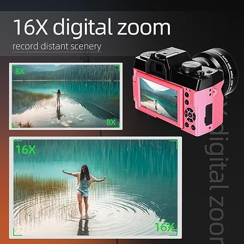 Digital Comcapt for Photography and Video,4K 48MP Vlogging Camera for YouTube with 180° Flip Screen,16X Digital Zoom,52mm Wide Angle & Macro Lens, 2 Batteries, 32GB TF Card(2024 Pink) - Image 6