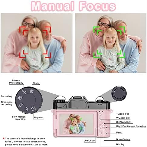 Digital Cameras for Photoggraphy, 4K Vlogging Camera for YouTube with Built-in Fill Light, 16X Digital Zoom, Manual Focus, 52mm Wide Angle Lens & Macro Lens, 32GB TF Card and 2 Batteries Pink - Image 6