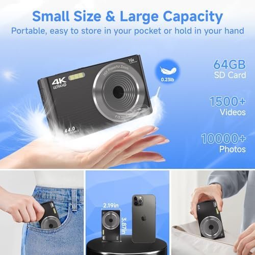 Digital Camera for Teens, FHD 4K 44MP Digital Camera with 64GB SD Card 16X Digital Zoom, Digital Camera Compact Point and Shoot Camera for Teens Boys Kids Camera Digital Black(Black) - Image 7