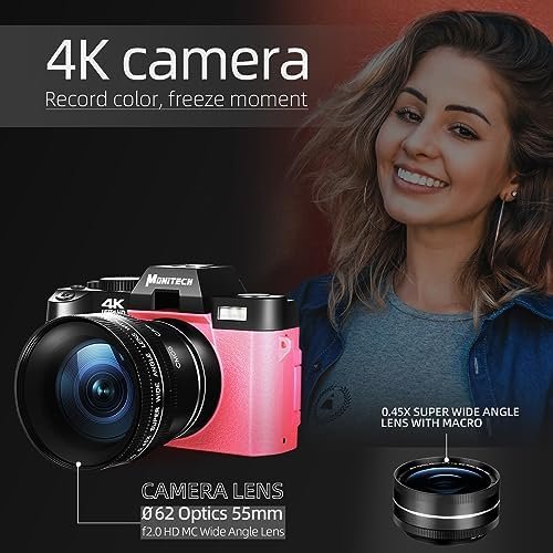 Digital Comcapt for Photography and Video,4K 48MP Vlogging Camera for YouTube with 180° Flip Screen,16X Digital Zoom,52mm Wide Angle & Macro Lens, 2 Batteries, 32GB TF Card(2024 Pink) - Image 2