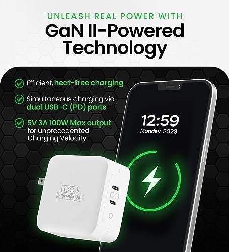 InfinaCore PowerPlug+ Advanced Wall Adapter - Rapid-Charging GaN II Technology, Dual USB-C Ports, 100W Max Output - Compact Design and Universal Compatibility - Image 3