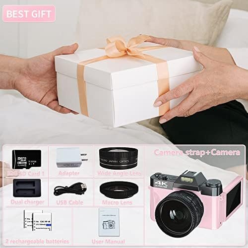 Digital Cameras for Photoggraphy, 4K Vlogging Camera for YouTube with Built-in Fill Light, 16X Digital Zoom, Manual Focus, 52mm Wide Angle Lens & Macro Lens, 32GB TF Card and 2 Batteries Pink - Image 2