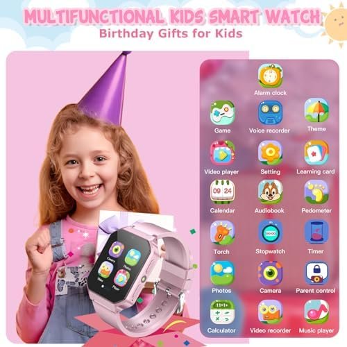 DERUI Smart Watch for Kids 3-12 Years Boys Girls, 26 Puzzle Games, Smartwatch with Camera, Pedometer, Stopwatch, Video Voice Music Player Calendar Alarm Clock Learn Card for Children Gifts (Pink) - Image 2