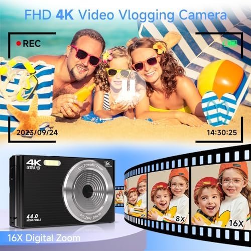 Digital Camera for Teens, FHD 4K 44MP Digital Camera with 64GB SD Card 16X Digital Zoom, Digital Camera Compact Point and Shoot Camera for Teens Boys Kids Camera Digital Black(Black) - Image 3