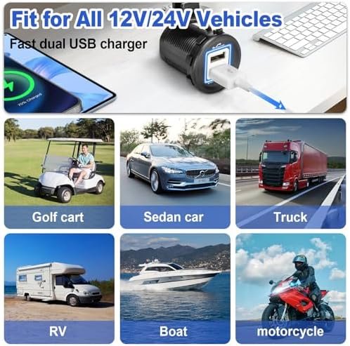 Golf Cart Universal Quick Charge 5V 3.1A Dual USB Power Charger Socket DC 12V-24V Port Outlet for EZGO Club Car Yamaha, Compatible with Car, Truck, Boat, RV, UTV, ATV (Non-LED Display) - Image 7